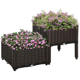 Outsunny Raised Garden Planter 2-Piece Set Brown with Self-Watering System and Drainage for Outdoor Flowers
