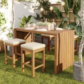 5 Piece Outdoor Bar Set, Patio Acacia Wood Bar Height Table & Four Stools with Cushions, Wood Dining Bar Set for Backyard, Poolside, Balcony, Bei