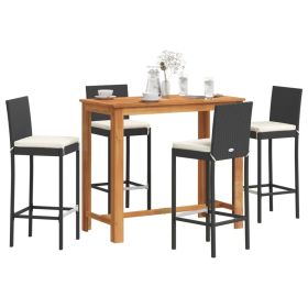 5 Piece Patio Bar Set Black Solid Wood Acacia and Poly Rattan