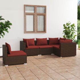 5 Piece Patio Lounge Set with Cushions Poly Rattan Brown
