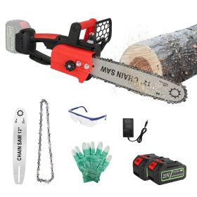 1Pc 12Inch Electric Cordless Chainsaw With 2Pcs 21V 3000mAh Battery And Charger Brushless Battery Operated Handheld Chainsaw With Auto Oiler Safe (Option: Red-3000mAh)