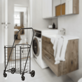Shopping Cart With Open Door,Grocery Cart On Wheels, Foldable Utility Shopping Carts With Double Basket And 360  Rolling Swivel Wheels For Grocer (Option: Antique Black)