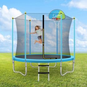 8FT Trampoline For Kids With Safety Enclosure Net, Basketball Hoop And Ladder, Easy Assembly Round Outdoor Recreational Trampoline (Color: Blue)