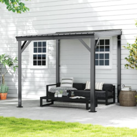 8x 8 Lean To Gazebo With Upgraded Drainage System, Wall Mounted Gazebo Hardtop Galvanized Steel Sloping Roof For Patio Deck  Lawn Party Gray (Option: Gray)