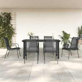 7 Piece Patio Dining Set Black Steel and Textilene (Color: Black)