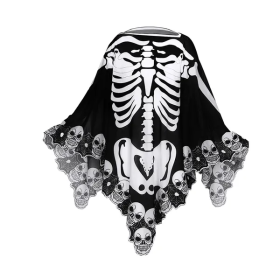 Halloween Skeleton Poncho Skull Bones Lace Skeleton Cape Shawl Halloween Costume Day Of The Dead Poncho For Halloween Horror Theme Trick Or Treat (Color: Black)