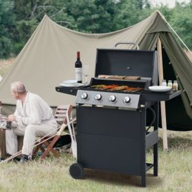 Propane Gas Grill 4 Burner Barbecue Grill, Stainless Steel 34,000 BTU Patio Garden Barbecue Grill With Two Shelves, Lid, Wheels And Bottle Opener (Color: Black)